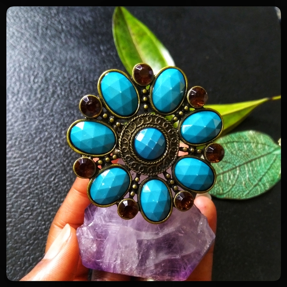 Southwest turquoise color flower statement ring